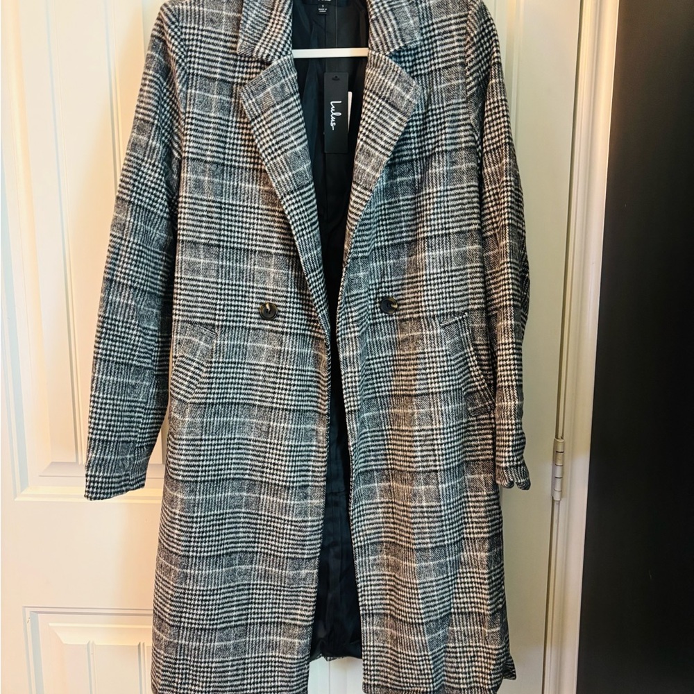 Lulu's Black and White Plaid Trench Coat